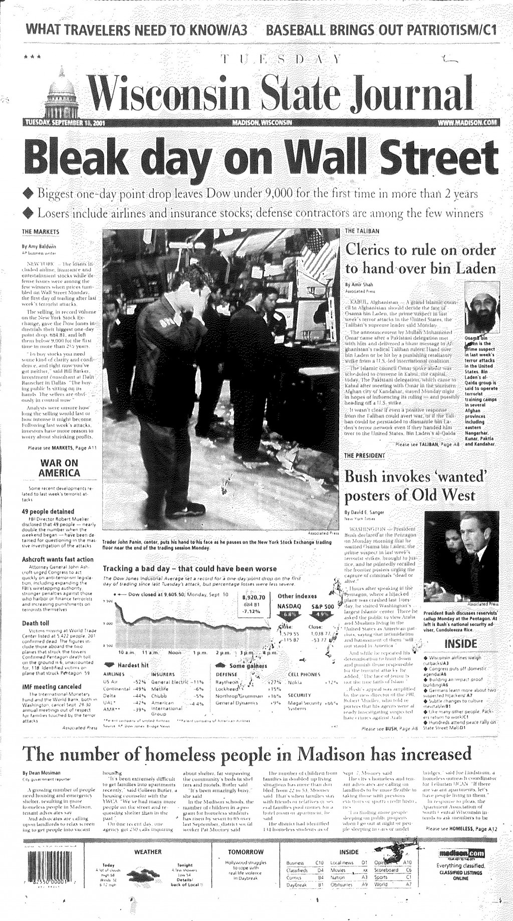 Wisconsin State Journal front page from Sept. 18, 2001
